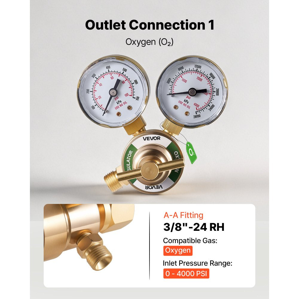 VEVOR Oxygen Acetylene Regulator Set, Oxy-Acetylene Regulators, 0-4000PSI and 0-400PSI Welding Gas Gauges with CGA-540/CGA-200 Inlet Connection & 3/8"-24 Outlet Connection, T-Handle Adjustment