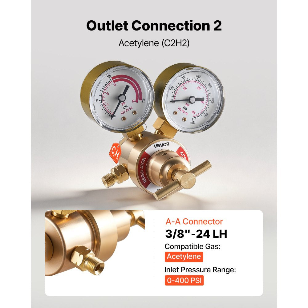 VEVOR Oxygen Acetylene Regulator Set, Oxy-Acetylene Regulators, 0-4000PSI and 0-400PSI Welding Gas Gauges with CGA-540/CGA-200 Inlet Connection & 3/8"-24 Outlet Connection, T-Handle Adjustment