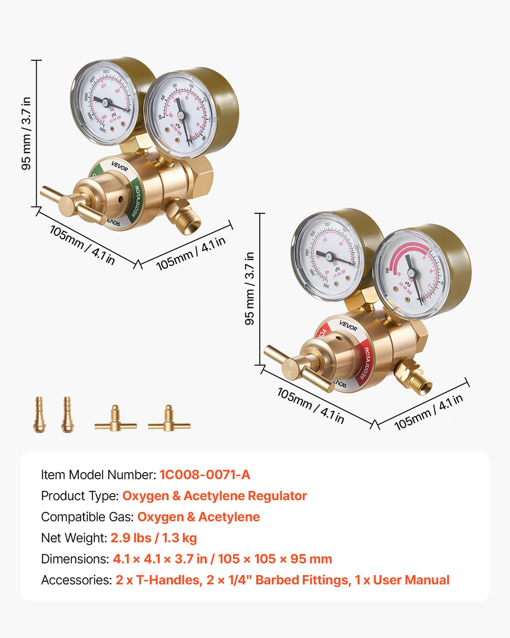 VEVOR Oxygen Acetylene Regulator Set, Oxy-Acetylene Regulators, 0-4000PSI and 0-400PSI Welding Gas Gauges with CGA-540/CGA-200 Inlet Connection & 3/8"-24 Outlet Connection, T-Handle Adjustment