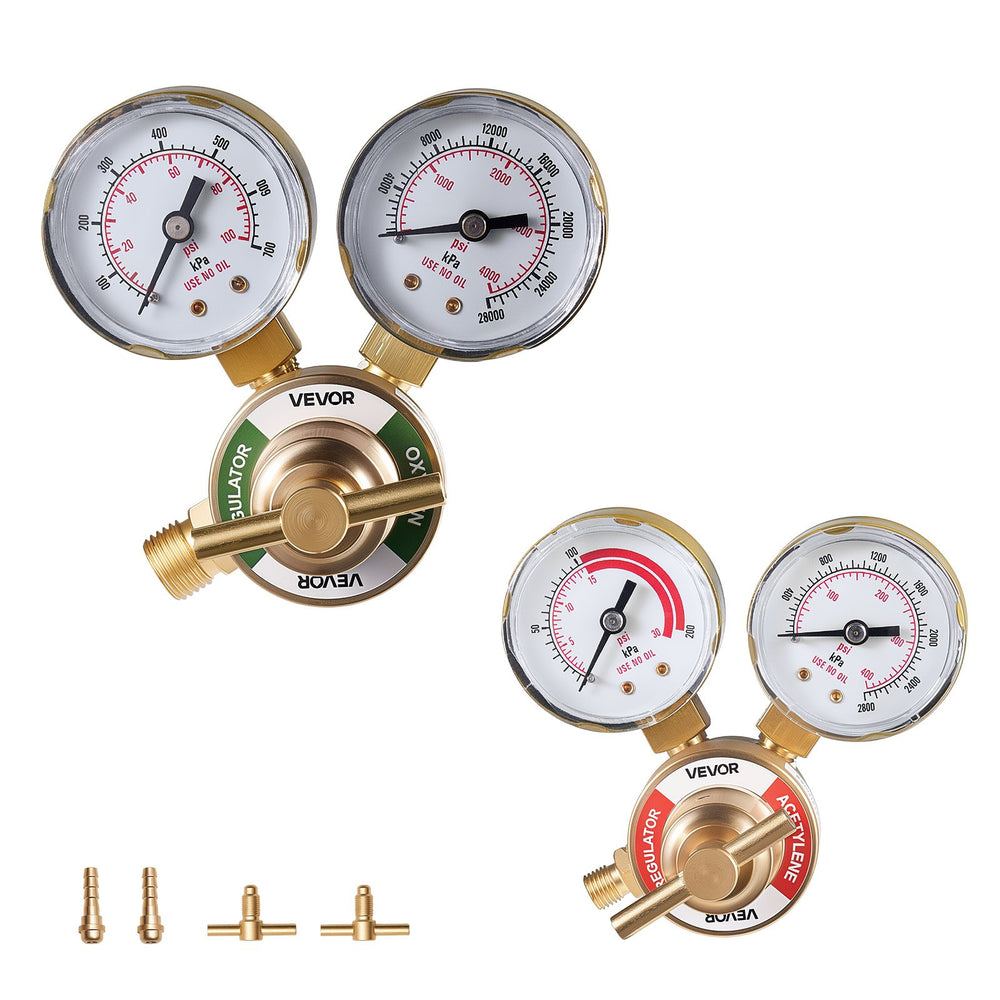VEVOR Oxygen Acetylene Regulator Set, Oxy-Acetylene Regulators, 0-4000PSI and 0-400PSI Welding Gas Gauges with CGA-540/CGA-200 Inlet Connection & 3/8"-24 Outlet Connection, T-Handle Adjustment