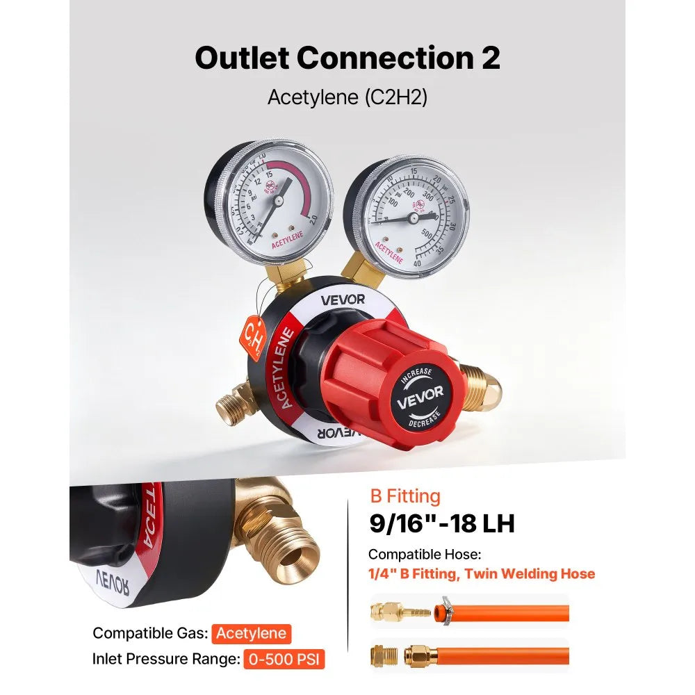 VEVOR Oxygen Acetylene Regulator Set, Oxy-Acetylene Regulators, 0-4000PSI and 0-500PSI Welding Gas Gauges with CGA-540/CGA-510 Inlet Connection & 9/16"-18 Outlet Connection, PC Knob Adjustment