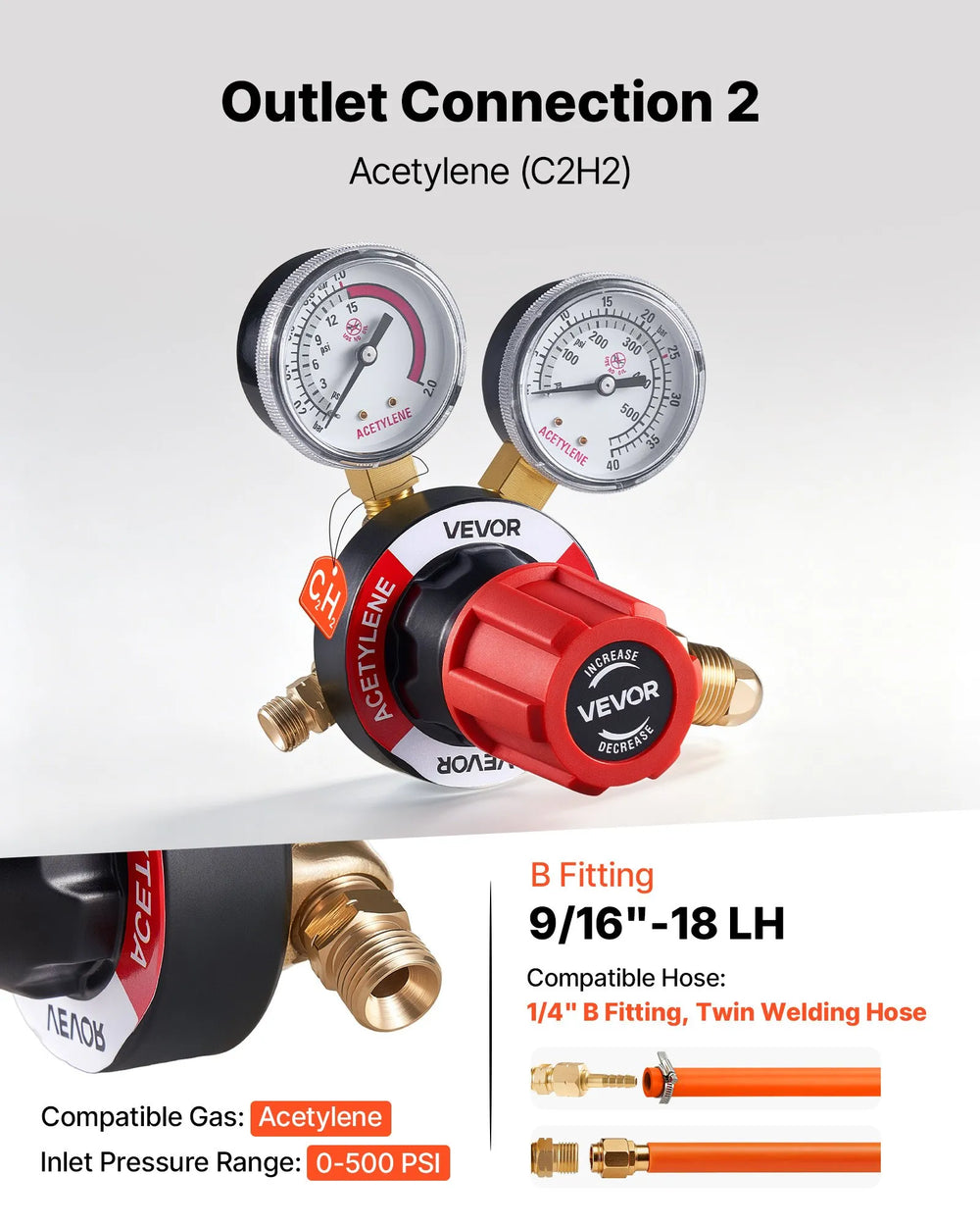 VEVOR Oxygen Acetylene Regulator Set, Oxy-Acetylene Regulators, 0-4000PSI and 0-500PSI Welding Gas Gauges with CGA-540/CGA-510 Inlet Connection & 9/16"-18 Outlet Connection, PC Knob Adjustment