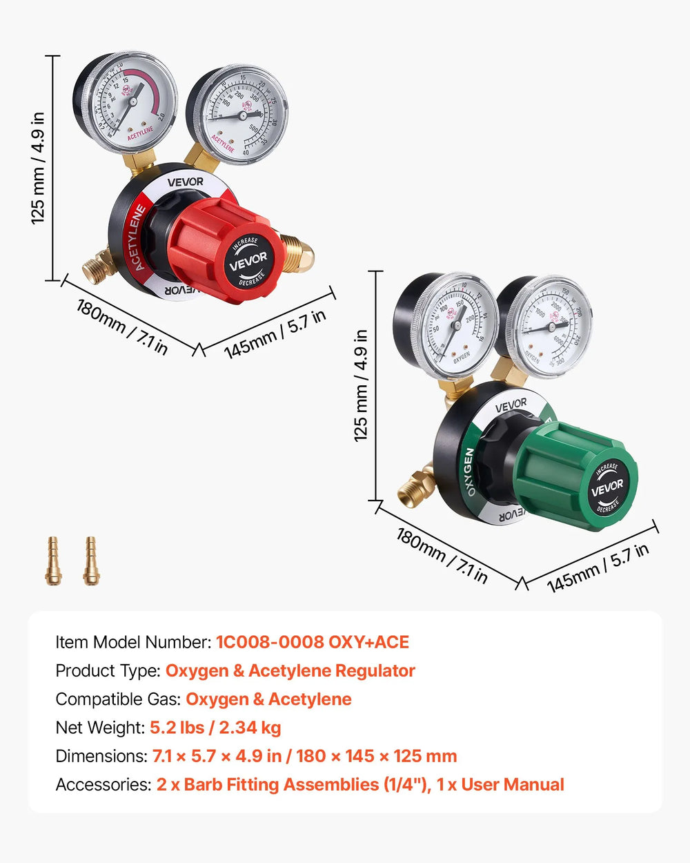 VEVOR Oxygen Acetylene Regulator Set, Oxy-Acetylene Regulators, 0-4000PSI and 0-500PSI Welding Gas Gauges with CGA-540/CGA-510 Inlet Connection & 9/16"-18 Outlet Connection, PC Knob Adjustment