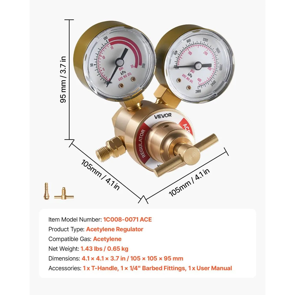 VEVOR Acetylene Regulator, Precise Acetylene Regulator, 0-400PSI Welding Gas Gauge with CGA-200 Inlet Connection & 9/16"-18 LH Outlet Connection, T-Handle Adjustment