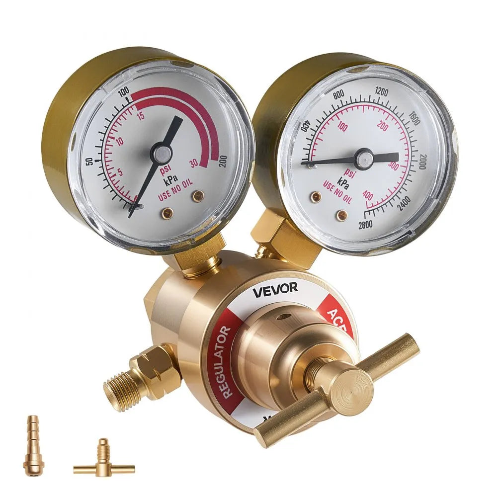 VEVOR Acetylene Regulator, Precise Acetylene Regulator, 0-400PSI Welding Gas Gauge with CGA-200 Inlet Connection & 9/16"-18 LH Outlet Connection, T-Handle Adjustment