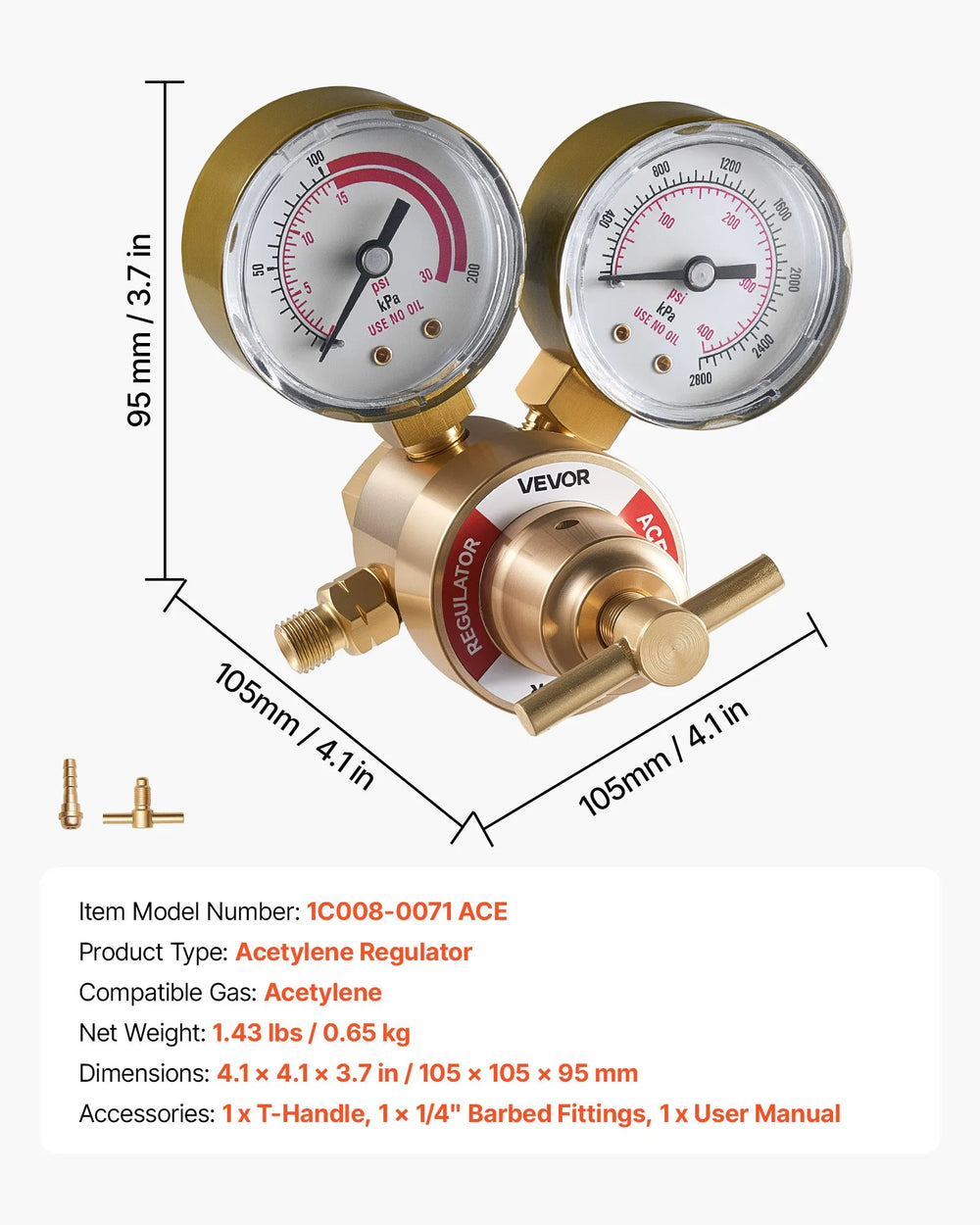 VEVOR Acetylene Regulator, Precise Acetylene Regulator, 0-400PSI Welding Gas Gauge with CGA-200 Inlet Connection & 9/16"-18 LH Outlet Connection, T-Handle Adjustment