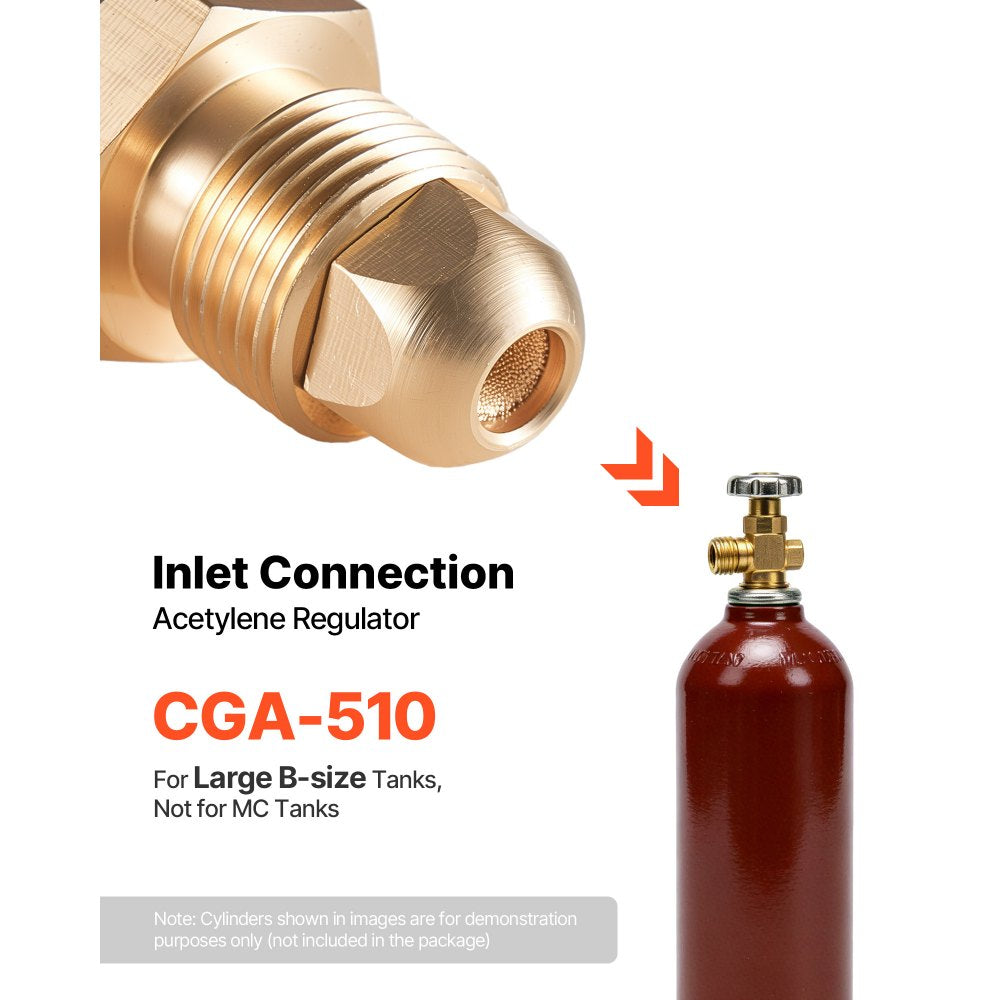 VEVOR Acetylene Regulator, Precise Acetylene Regulator, 0-500PSI Welding Gas Gauge with CGA-510 Inlet Connection & 9/16"-18 LH Outlet Connection, PC Knob Adjustment