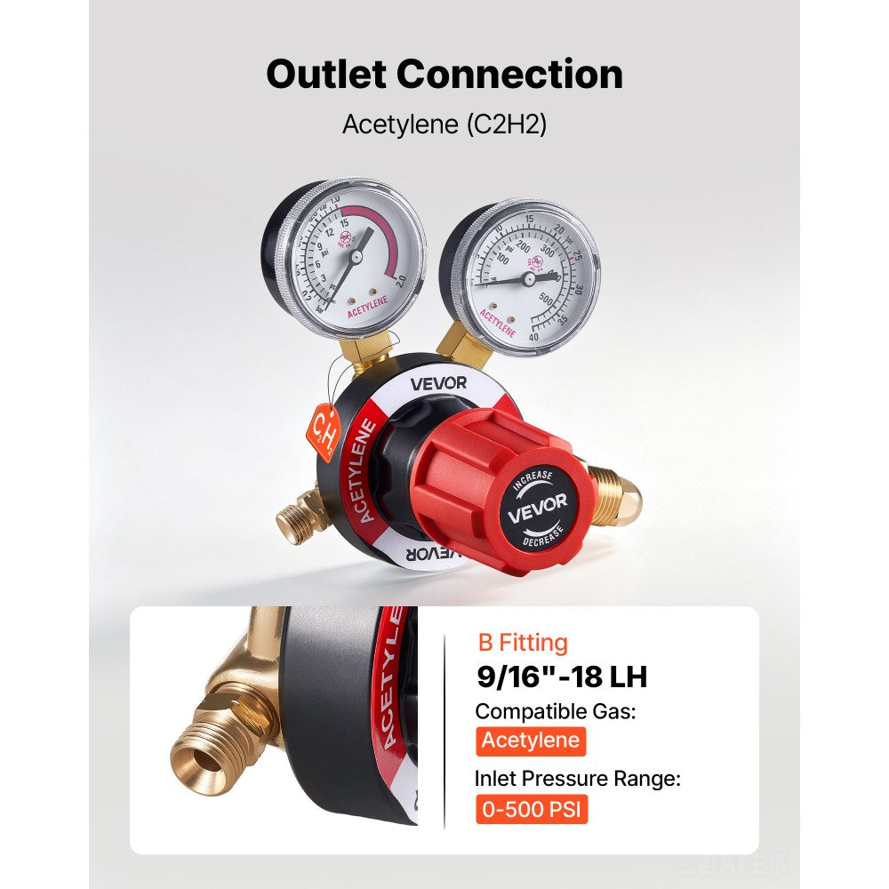 VEVOR Acetylene Regulator, Precise Acetylene Regulator, 0-500PSI Welding Gas Gauge with CGA-510 Inlet Connection & 9/16"-18 LH Outlet Connection, PC Knob Adjustment