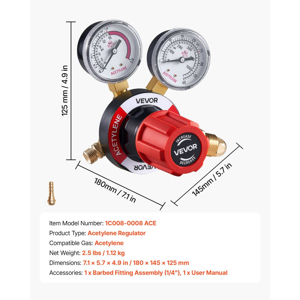 VEVOR Acetylene Regulator, Precise Acetylene Regulator, 0-500PSI Welding Gas Gauge with CGA-510 Inlet Connection & 9/16"-18 LH Outlet Connection, PC Knob Adjustment