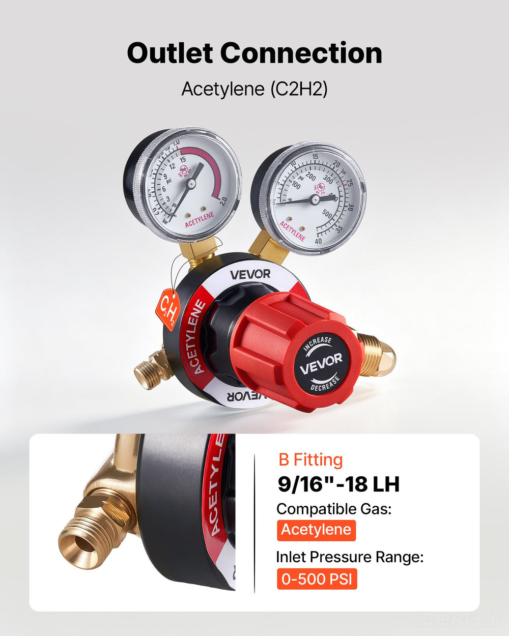 VEVOR Acetylene Regulator, Precise Acetylene Regulator, 0-500PSI Welding Gas Gauge with CGA-510 Inlet Connection & 9/16"-18 LH Outlet Connection, PC Knob Adjustment