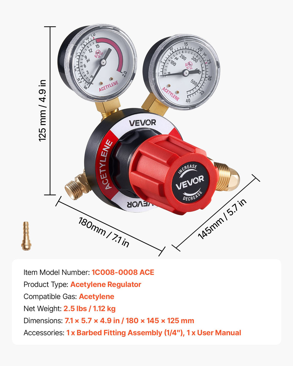 VEVOR Acetylene Regulator, Precise Acetylene Regulator, 0-500PSI Welding Gas Gauge with CGA-510 Inlet Connection & 9/16"-18 LH Outlet Connection, PC Knob Adjustment