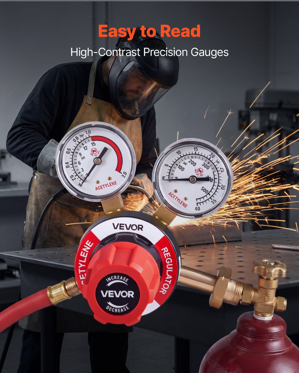 VEVOR Acetylene Regulator, Precise Acetylene Regulator, 0-500PSI Welding Gas Gauge with CGA-510 Inlet Connection & 9/16"-18 LH Outlet Connection, PC Knob Adjustment