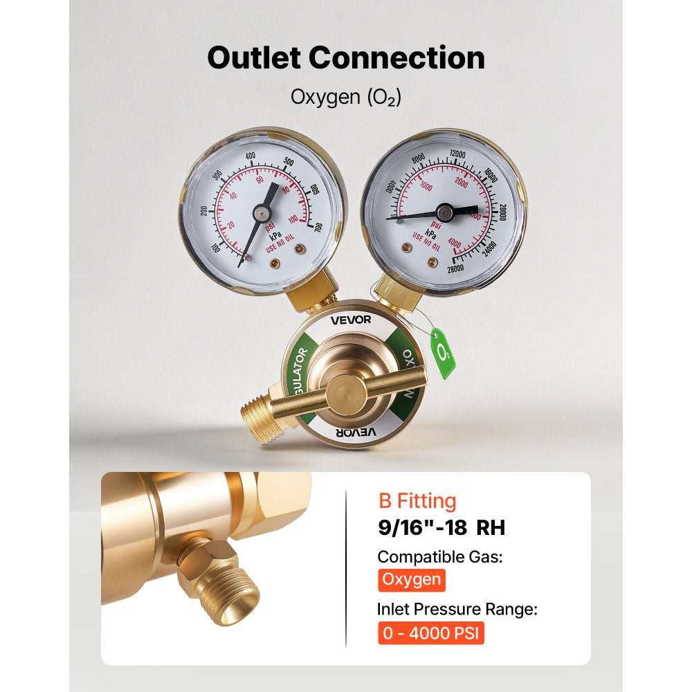VEVOR Oxygen Regulator, Precise Oxy Regulator, 0-4000PSI Welding Gas Gauge with CGA-540 Inlet Connection & 9/16"-18 RH Outlet Connection, T-Handle Adjustment