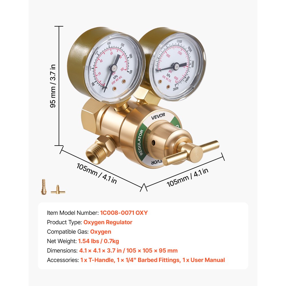 VEVOR Oxygen Regulator, Precise Oxy Regulator, 0-4000PSI Welding Gas Gauge with CGA-540 Inlet Connection & 9/16"-18 RH Outlet Connection, T-Handle Adjustment