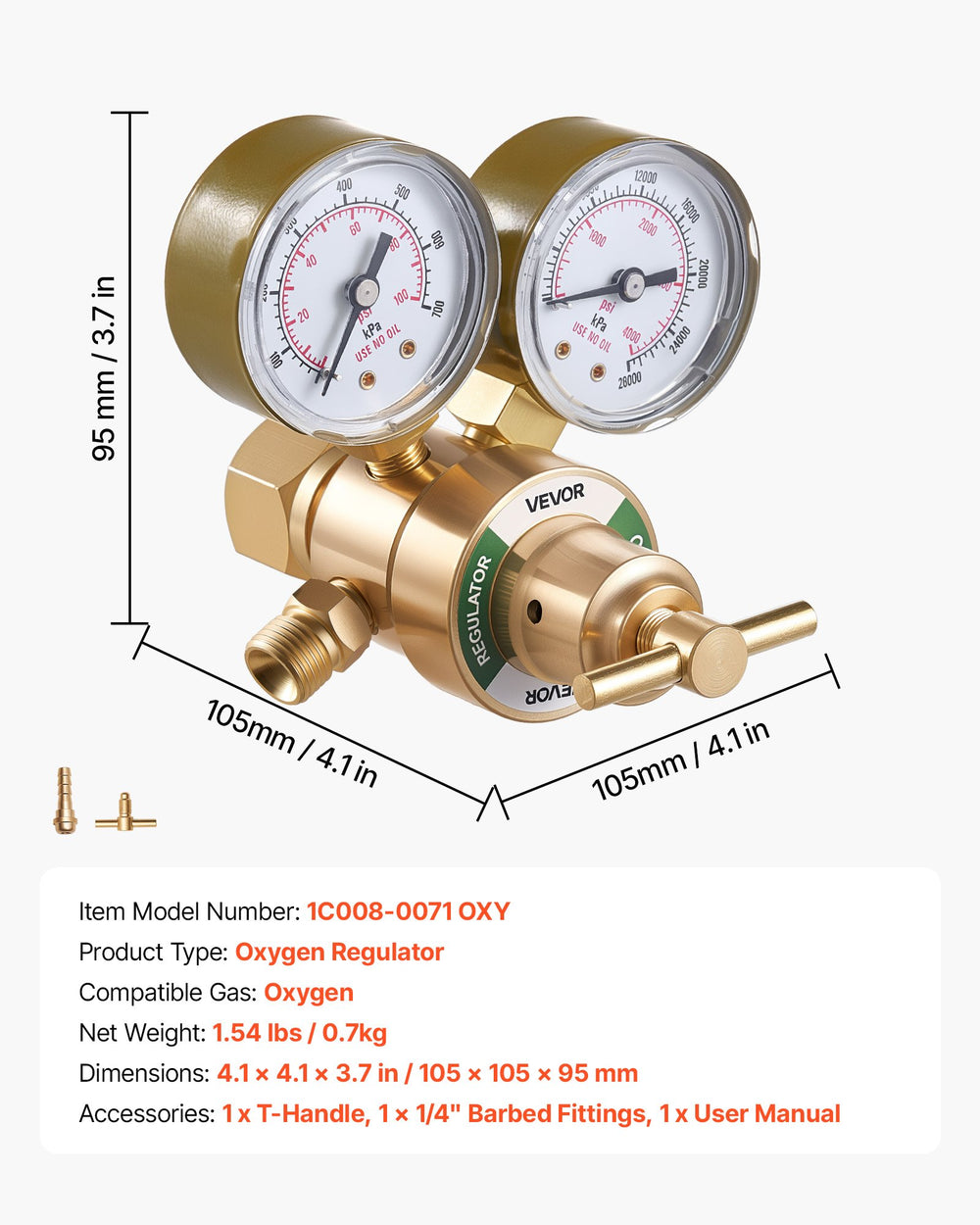VEVOR Oxygen Regulator, Precise Oxy Regulator, 0-4000PSI Welding Gas Gauge with CGA-540 Inlet Connection & 9/16"-18 RH Outlet Connection, T-Handle Adjustment