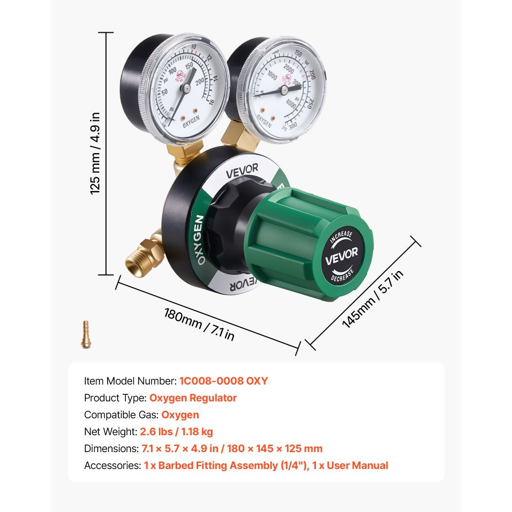 VEVOR Oxygen Regulator, Precise Oxy Regulator, 0-4000PSI Welding Gas Gauge with CGA-540 Inlet Connection & 9/16"-18 RH Outlet Connection, PC Knob Adjustment