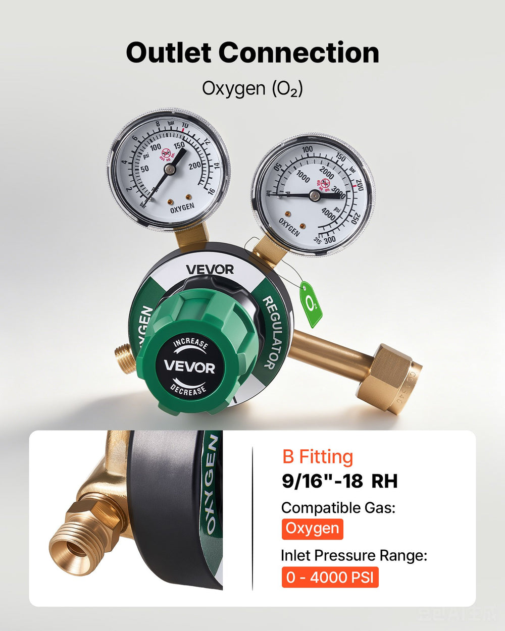 VEVOR Oxygen Regulator, Precise Oxy Regulator, 0-4000PSI Welding Gas Gauge with CGA-540 Inlet Connection & 9/16"-18 RH Outlet Connection, PC Knob Adjustment
