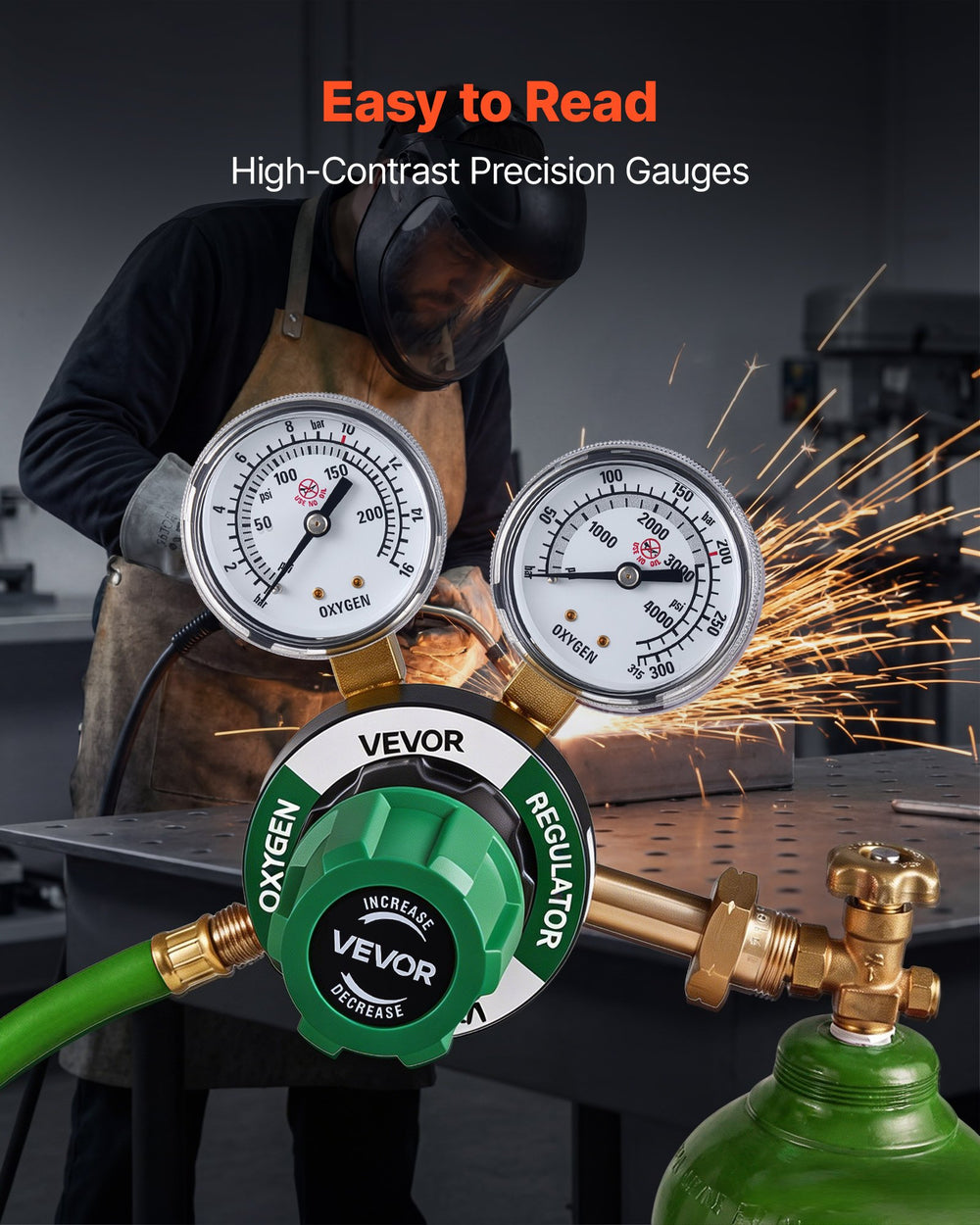 VEVOR Oxygen Regulator, Precise Oxy Regulator, 0-4000PSI Welding Gas Gauge with CGA-540 Inlet Connection & 9/16"-18 RH Outlet Connection, PC Knob Adjustment