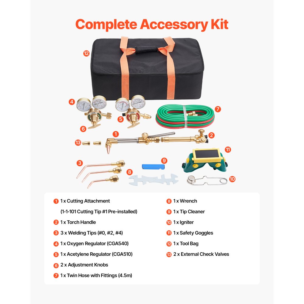 VEVOR Oxygen Acetylene Torch Kit with Check Valves, Gas Welding Cutting Torch Kit, Heavy Duty Oxy Acetylene Brazing Set with 15FT Twin-Hose, 1 Cutting Tip, 3 Welding Tips, 2 Gas Regulators & Tool Bag