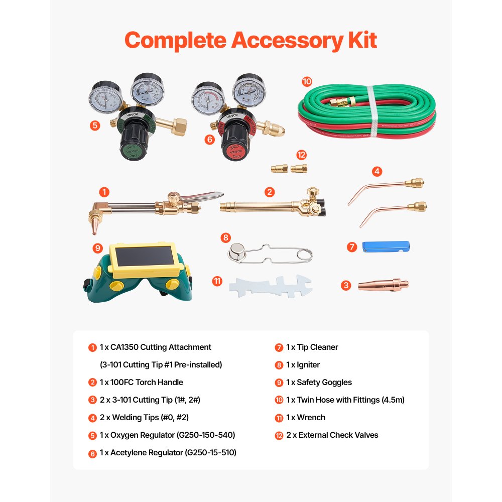 VEVOR Oxygen Acetylene Torch Kit with Check Valves, Gas Welding Cutting Torch Kit, Professional Oxy Acetylene Brazing Set with 15FT Twin-Hose, 2 Cutting Tips, 2 Welding Tips & 2 Precise Regulators