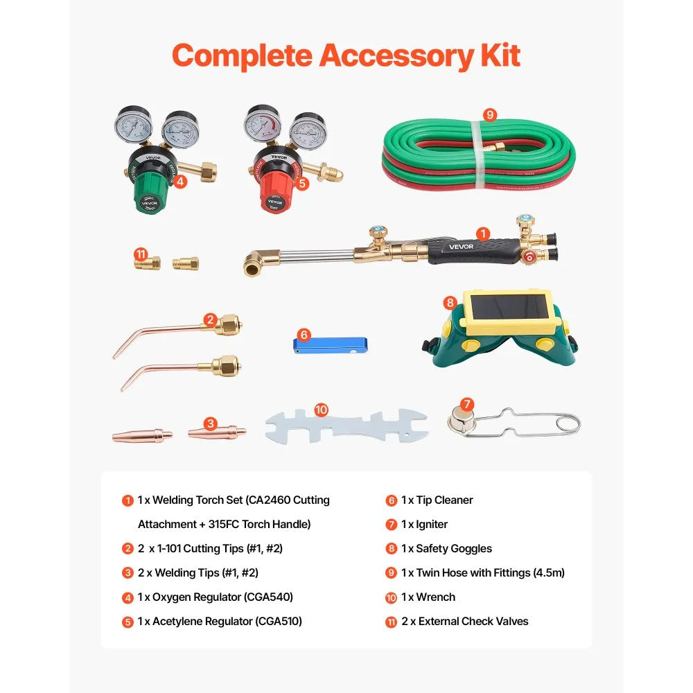 VEVOR Oxygen Acetylene Torch Kit with Check Valves, Gas Welding Cutting Torch Kit, Heavy Duty Professional Oxy Acetylene Brazing Set with 15FT Twin-Hose, 2 Cutting Tips, Welding Tips & Gas Regulators