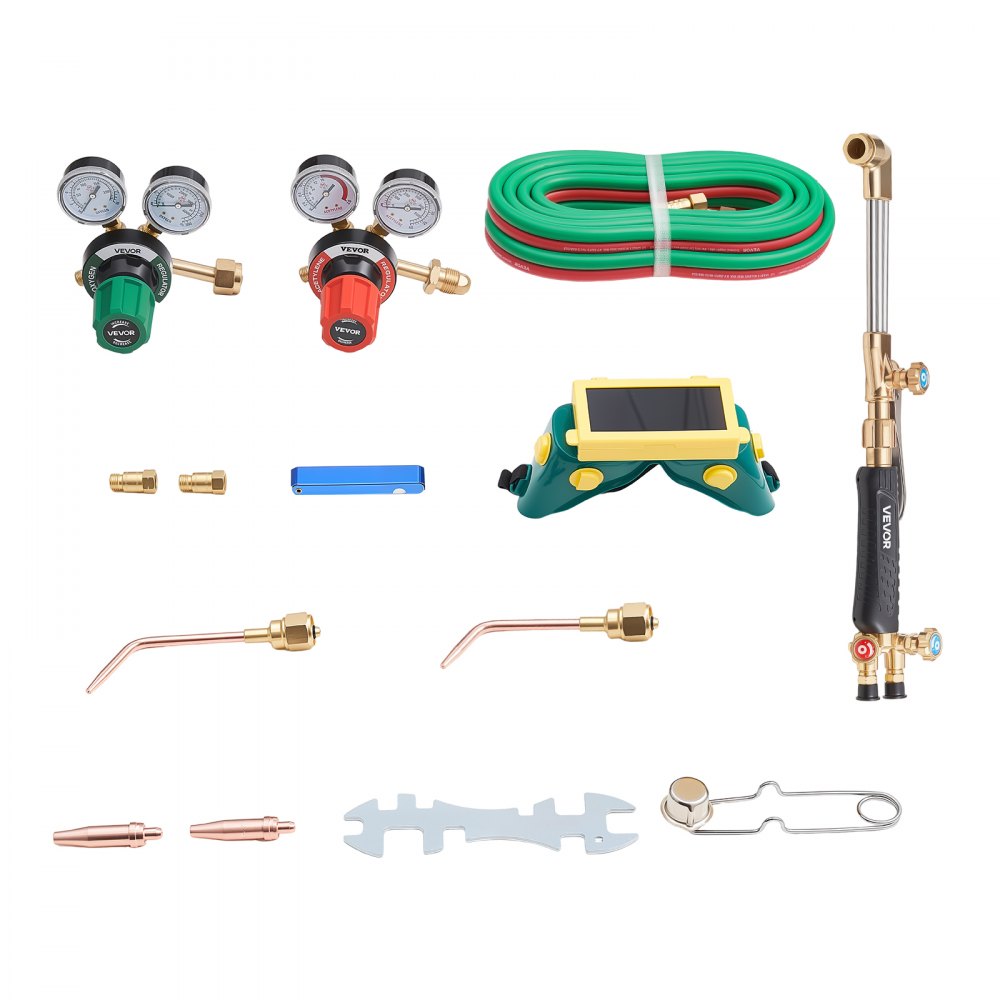 VEVOR Oxygen Acetylene Torch Kit with Check Valves, Gas Welding Cutting Torch Kit, Heavy Duty Professional Oxy Acetylene Brazing Set with 15FT Twin-Hose, 2 Cutting Tips, Welding Tips & Gas Regulators