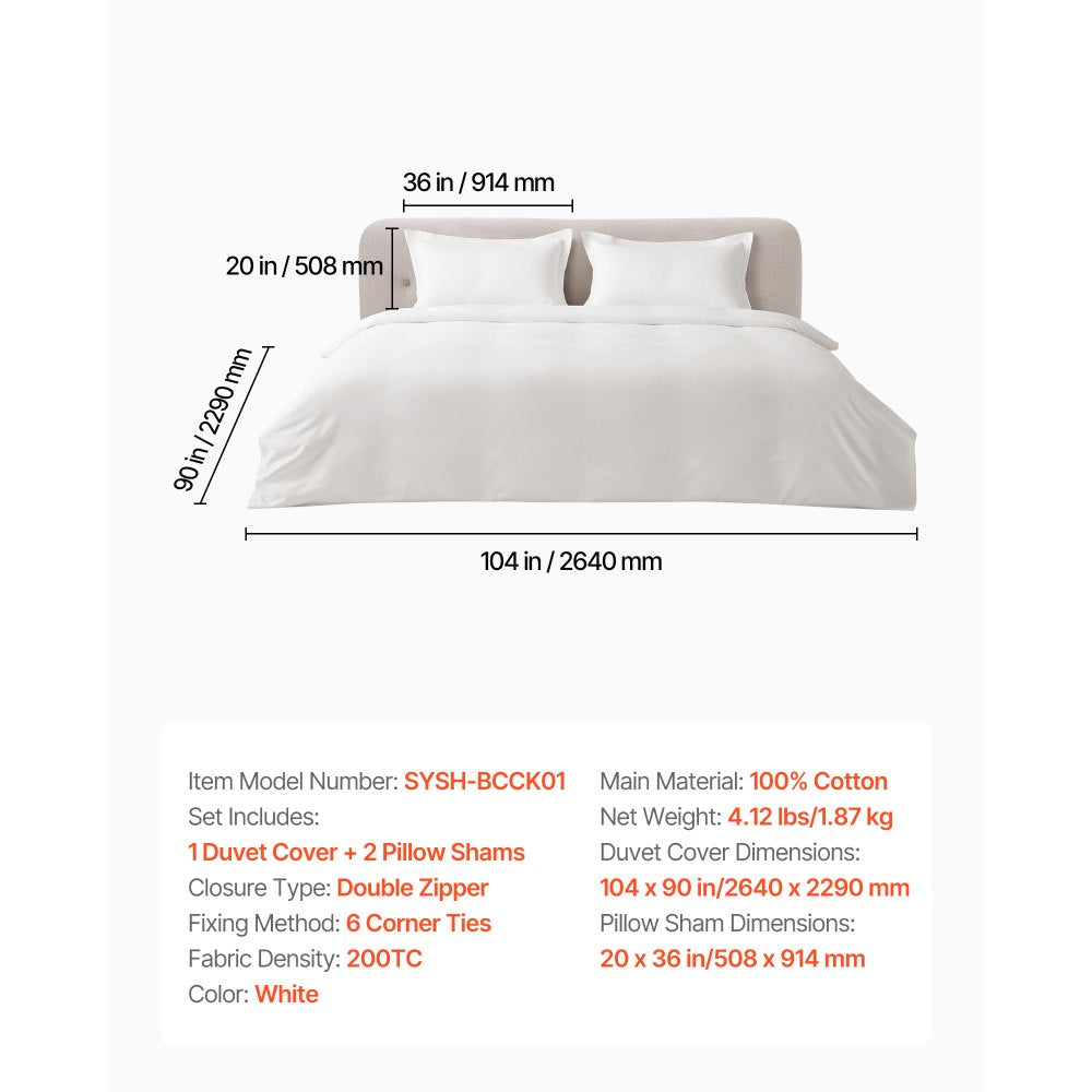 VEVOR King Duvet Cover Set, 100% Cotton, 3 Pieces Bedding Set King Size with 1 Duvet Cover 104 x 90 in and 2 Pillow Shams 20 x 36 in, Soft Breathable, Double Zipper Closure, for Home Bedding, White