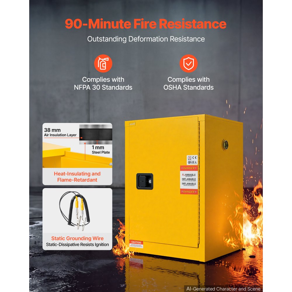 VEVOR Flammable Storage Cabinet, 21" x 25" x 35", Industrial Fire Cabinet, Double-Wall Cold Rolled Steel Hazardous Storage Safety Cabinet, Fire & Explosion-Proof with 2 Adjustable Shelves and Key Lock