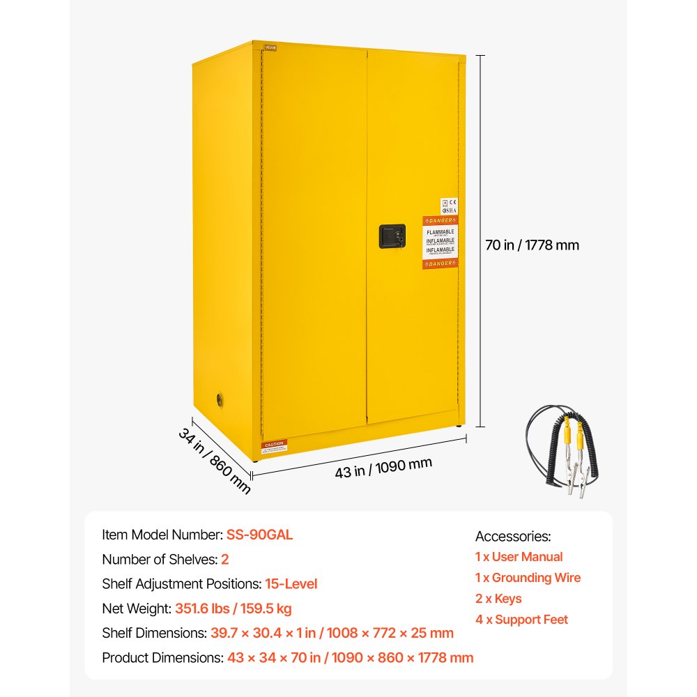 VEVOR Flammable Storage Cabinet, 34" x 43" x 70", Industrial Fire Cabinet, Fire & Explosion Proof, Double-Wall Cold Rolled Steel, 2-Door Hazardous Safety Cabinet with 2 Adjustable Shelves & Key Lock