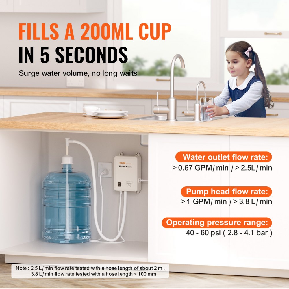 VEVOR Water Pump System for 5 Gallon Bottles, Automatic Electric Dispenser, Single Inlet, Suitable for Coffee/Tea Appliances, Fridges, Ice Machines