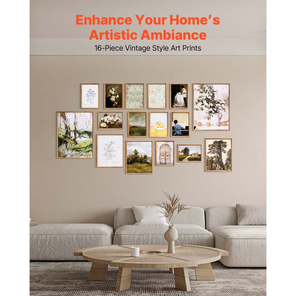 VEVOR 16 PCS Framed Wall Art Prints, Vintage Eclectic Art Decor, Gallery Wall Prints with 3 Sizes for Flexible Combinations, High Gloss & Low-Solubility Canvas, for Living Room, Bedroom, Bathroom