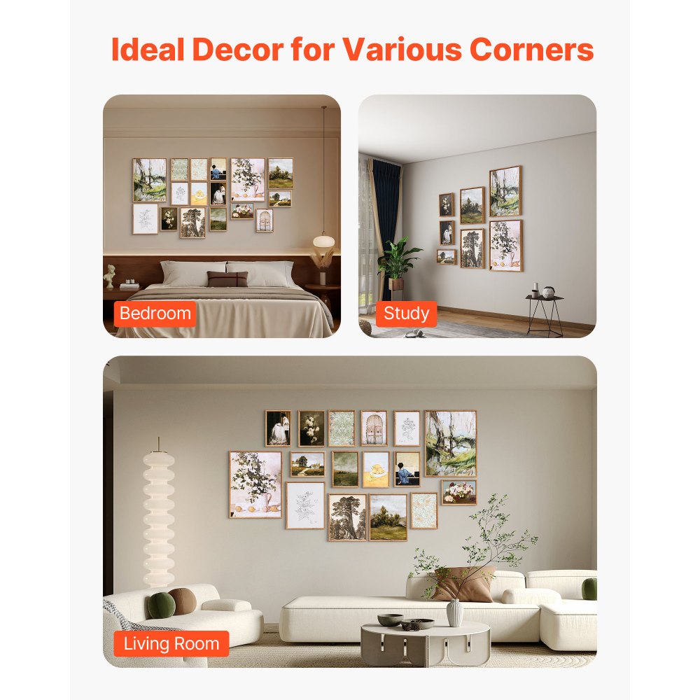 VEVOR 16 PCS Framed Wall Art Prints, Vintage Eclectic Art Decor, Gallery Wall Prints with 3 Sizes for Flexible Combinations, High Gloss & Low-Solubility Canvas, for Living Room, Bedroom, Bathroom