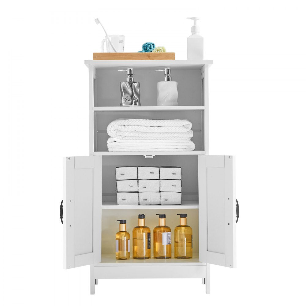 VEVOR Bathroom Floor Cabinet, 4-Tier, Wooden Storage Organizer with 2 Doors and Adjustable Shelf, Modern Bathroom Furniture Home Decor Freestanding Cupboard for Kitchen/Living Room/Entryway Use, White
