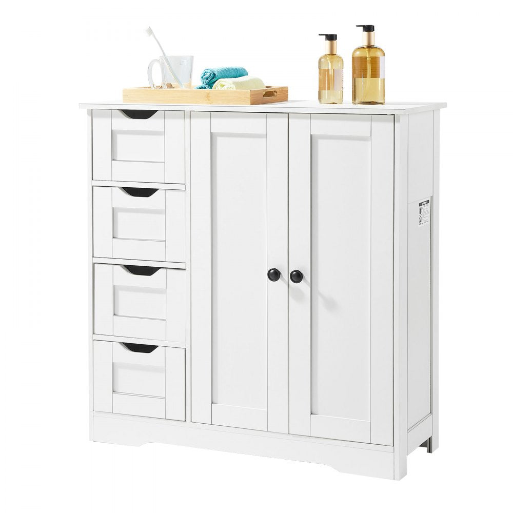 VEVOR Bathroom Floor Cabinet, 3-Tier, Wooden Storage Organizer with 2 Doors, 4 Drawers and Adjustable Shelf, Modern Home Furniture Freestanding Cupboard for Kitchen/Living Room/Entryway Use, White