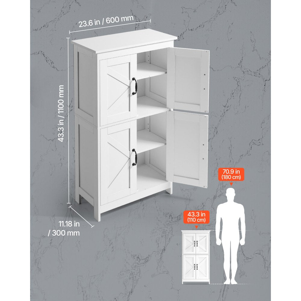 VEVOR Bathroom Floor Cabinet, 4-Tier, Wooden Storage Organizer with 4 Doors and Adjustable Shelf, Modern Bathroom Furniture Home Decor Freestanding Cupboard for Kitchen/Living Room/Entryway Use, White