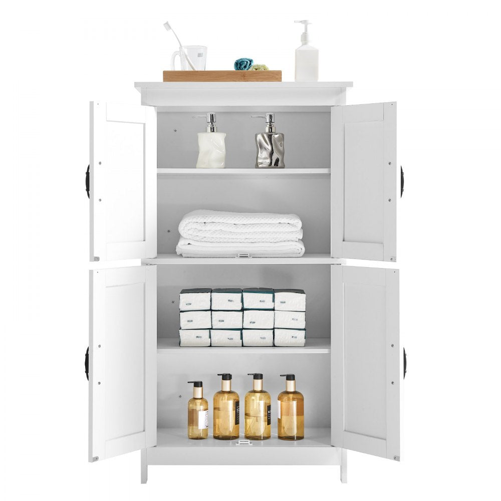 VEVOR Bathroom Floor Cabinet, 4-Tier, Wooden Storage Organizer with 4 Doors and Adjustable Shelf, Modern Bathroom Furniture Home Decor Freestanding Cupboard for Kitchen/Living Room/Entryway Use, White