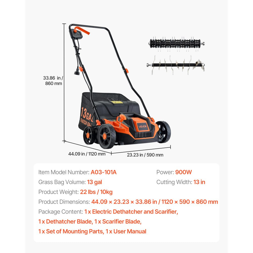 VEVOR 2-in-1 Electric Dethatcher and Scarifier, 13-Inch 13 Amp, Corded Lawn Dethatcher with 13-Gallon Thatch Collection Bag, 5-Position Depth Adjustment, Walk Behind Machine for Garden Yard Grass