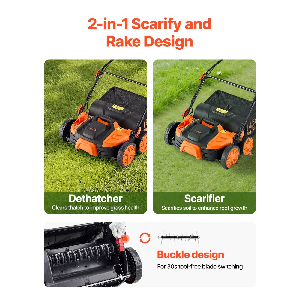 VEVOR 2-in-1 Electric Dethatcher and Scarifier, 16-Inch 15 Amp, Corded Lawn Dethatcher with 14.5-Gallon Thatch Collection Bag, 5-Position Depth Adjustment, Walk Behind Machine for Garden Yard Grass