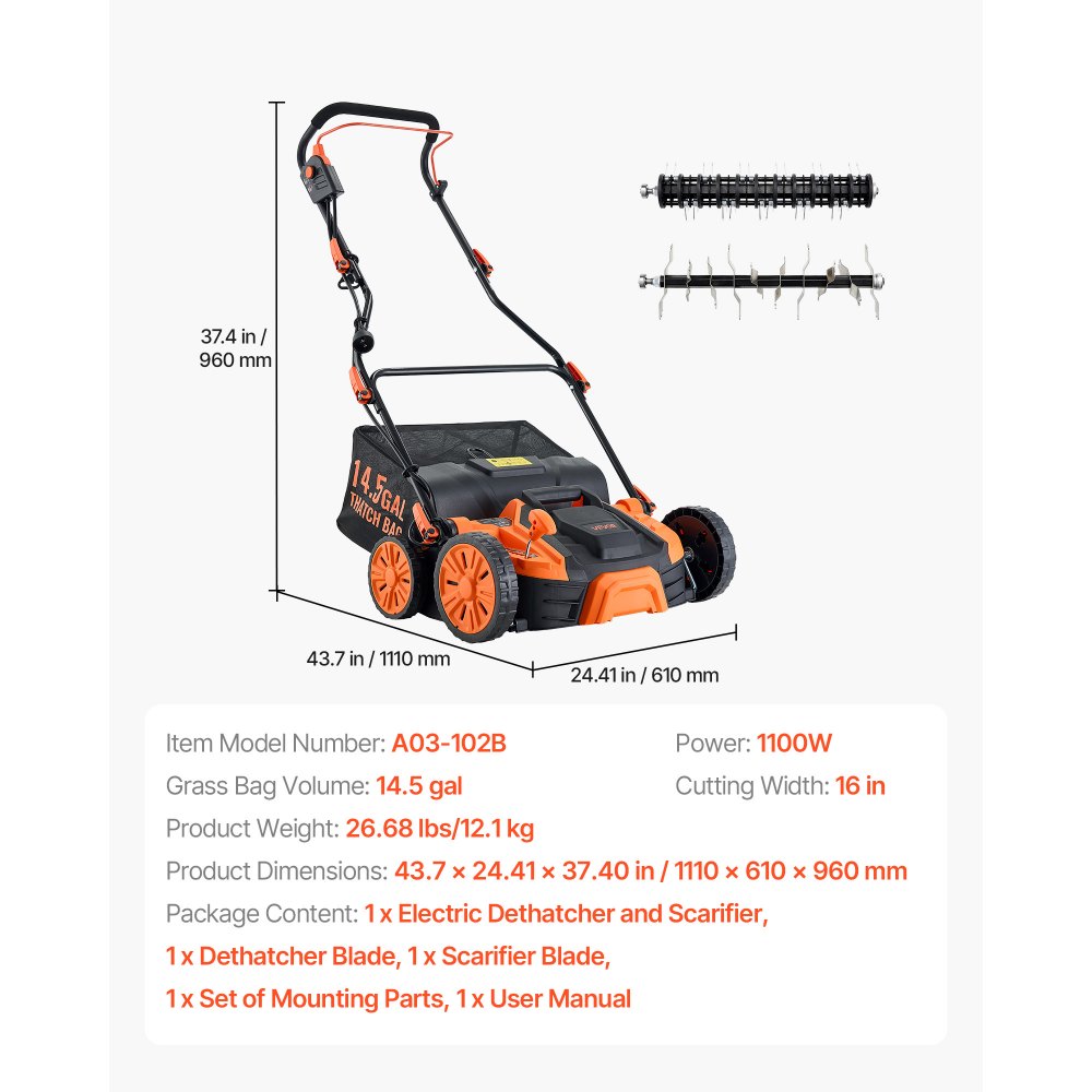 VEVOR 2-in-1 Electric Dethatcher and Scarifier, 16-Inch 15 Amp, Corded Lawn Dethatcher with 14.5-Gallon Thatch Collection Bag, 5-Position Depth Adjustment, Walk Behind Machine for Garden Yard Grass
