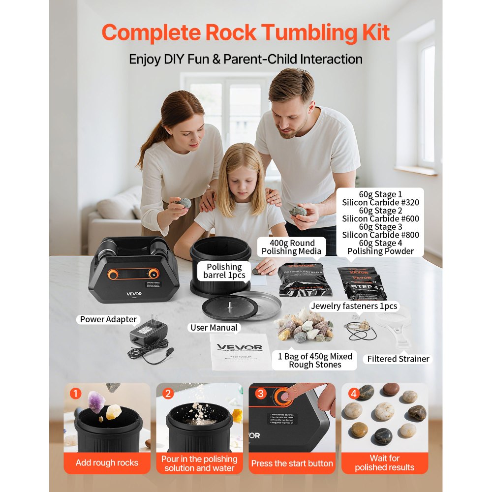 VEVOR Rock Tumbler Kit, 3 lbs Rock Polishing Kit, 4 Speed Settings 9-Day Polishing Timer Stone Polishing Kit, Rock Polisher with Rough Gemstones and Polishing Grits, Rock Polisher for Adults Kids