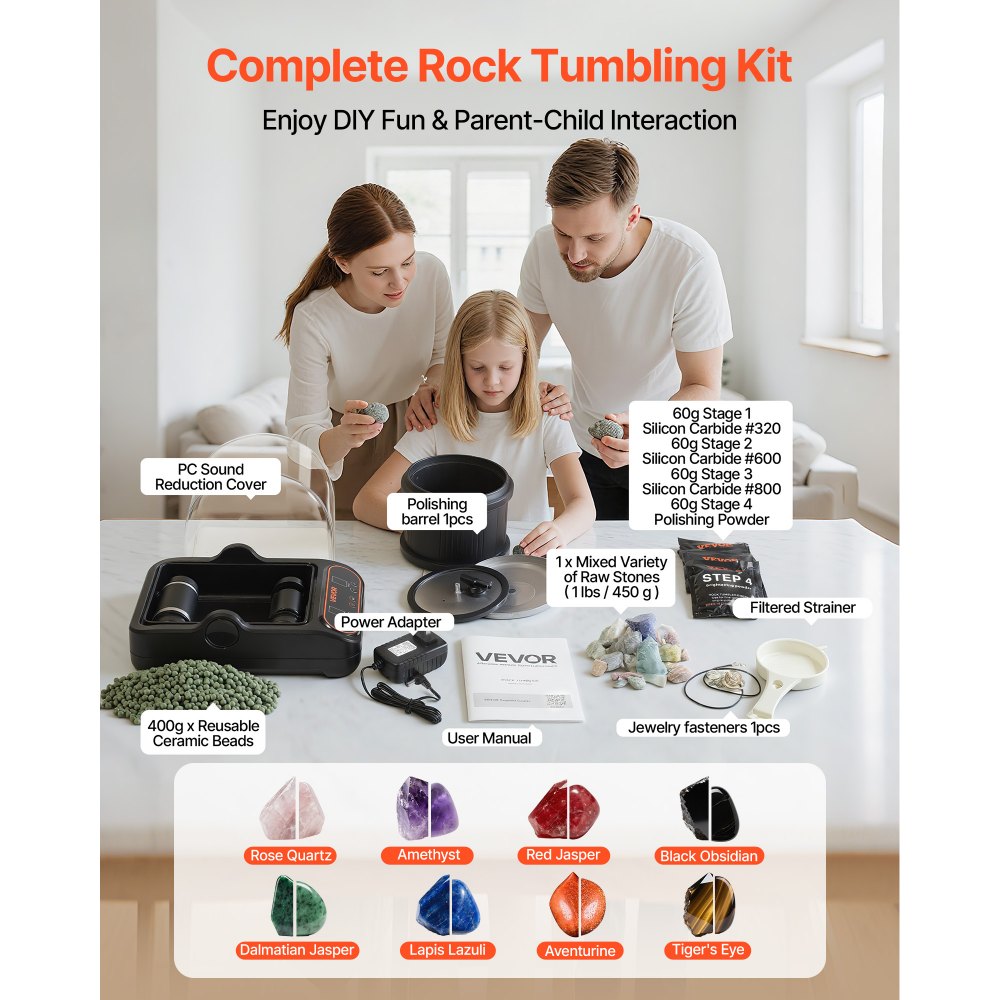 VEVOR Rock Tumbler Kit 3 lbs Rock Polishing Machine Rocks Tumbling Kit, for Adults Beginners and Hobbyists, 4 Speed, 1-9 Day Timer, with PC Sound Reduction Cover & TPU Drum, Direct Drive Motor