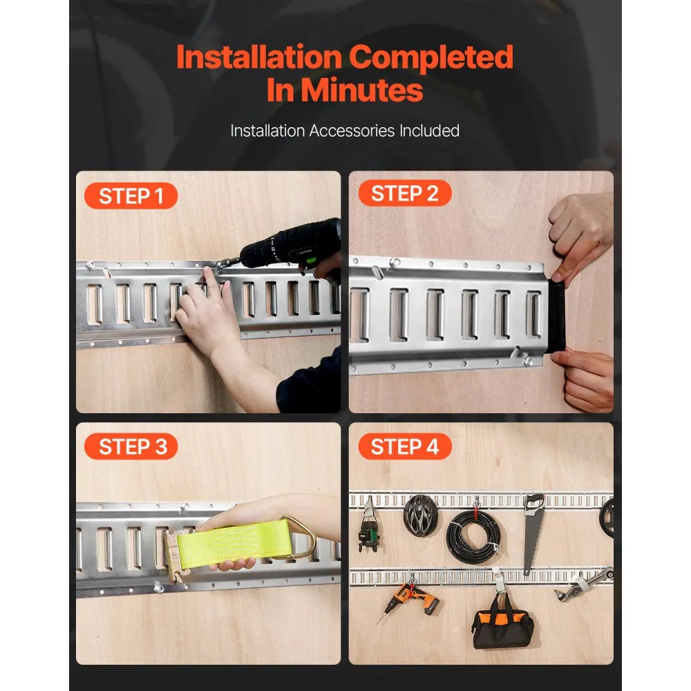 VEVOR E Track Tie-Down Rail Kit, 32PCS 5' E-Tracks Set Includes 8 Steel Rails & 8 O-Rings & 8 Tie-Offs with D-Ring & 8 End Caps, Trailer Securing Accessories for Cargo Motorcycles Bikes, 1500 lbs Load