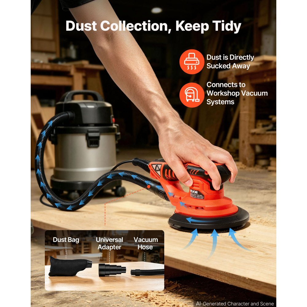 VEVOR 5 & 6-Inch Random Orbital Sander 400W Brushless Orbital Sander, 4000-10000RPM 7 Speeds Electric Palm Sanders with 20PCS Sandpapers, Dust Bag & Vacuum Hose for Woodworking Detailing Sanding