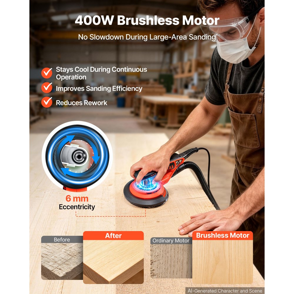 VEVOR 6-Inch Random Orbital Sander 400W Brushless Orbital Sander, 4000-10000RPM 7 Speeds Electric Palm Sanders with 10PCS Sandpapers, Dust Bag & Vacuum Hose for Woodworking Detailing Sanding