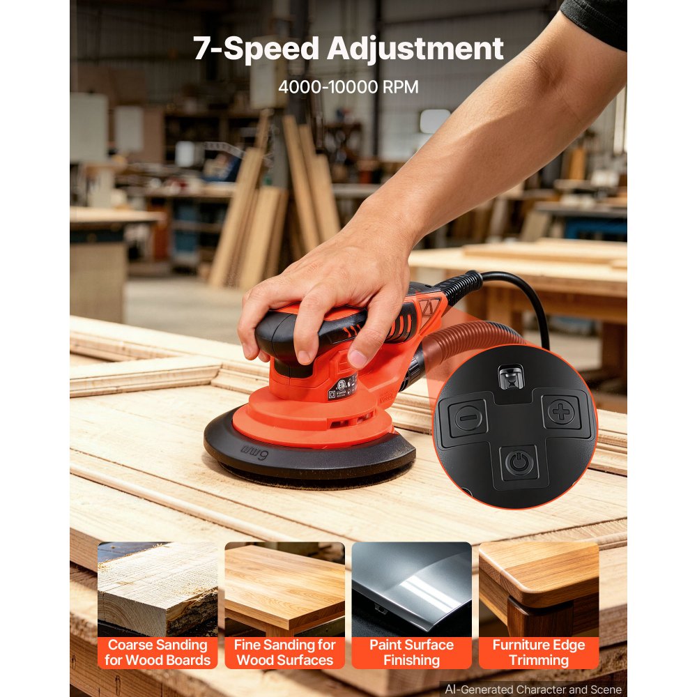 VEVOR 6-Inch Random Orbital Sander 400W Brushless Orbital Sander, 4000-10000RPM 7 Speeds Electric Palm Sanders with 10PCS Sandpapers, Dust Bag & Vacuum Hose for Woodworking Detailing Sanding