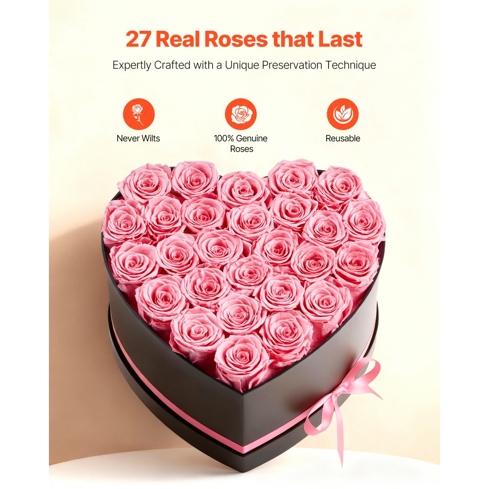 VEVOR Forever Flowers, 27 Preserved Roses in a Heart Shape Box, Eternal Flowers Immortal Bouquet Birthday Present for Women Her Wife Mothers, Anniversary, Valentine's Day,Christmas, Pink