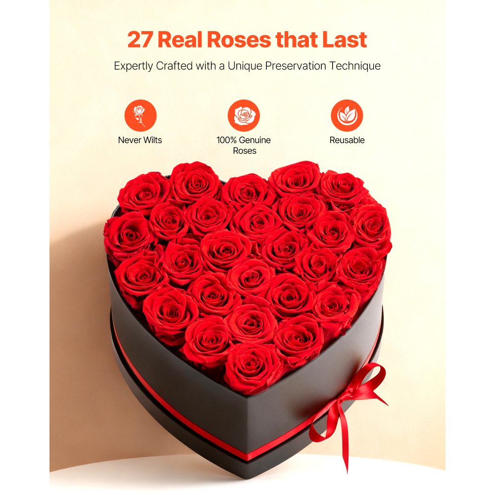 VEVOR Forever Flowers, 27 Preserved Roses in a Heart Shape Box, Eternal Flowers Immortal Bouquet Birthday Present for Delivery Prime Women Her Wife Mothers, Anniversary, Valentine's Day,Christmas, Red