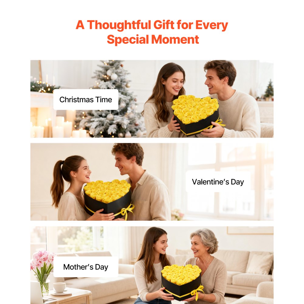VEVOR Forever Flowers, 27 Preserved Roses in a Heart Shape Box, Eternal Flowers Immortal Bouquet Birthday Present for Women Her Wife Mothers, Anniversary, Valentine's Day,Christmas, Yellow