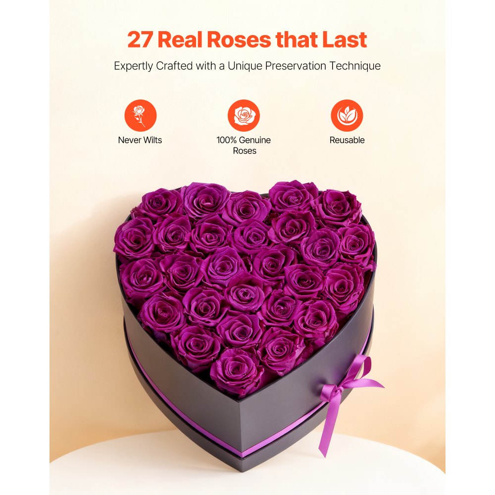 VEVOR Forever Flowers, 27 Preserved Roses in Heart Shape Box, Eternal Flowers Immortal Bouquet Birthday Present for Women Her Wife Mothers, Anniversary, Valentine's Day,Christmas, Purple