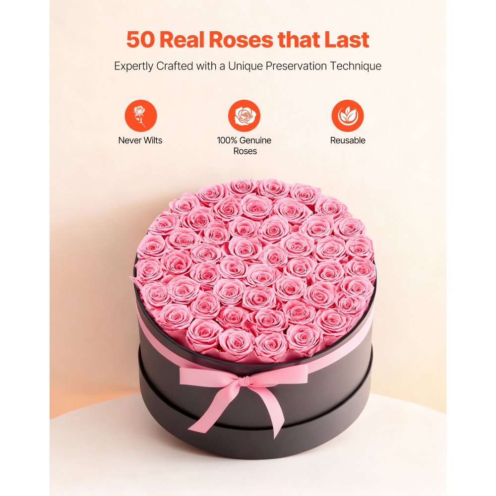 VEVOR Forever Flowers, 50 Preserved Roses in a Box, Eternal Flowers Immortal Bouquet Birthday Present for Delivery Prime Women Her Wife Mothers, Anniversary, Valentine's Day,Christmas, Sweet Pink